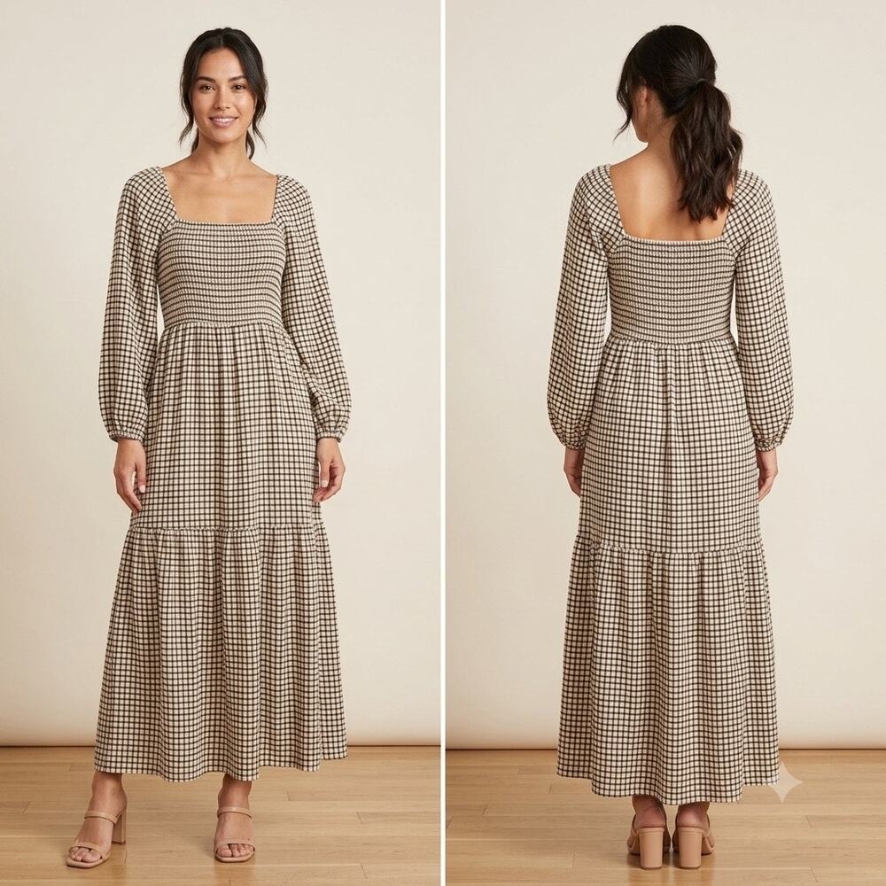 Marine Layer Ivy Smocked Maxi Dress Black Cream Plaid Small Fall 2024